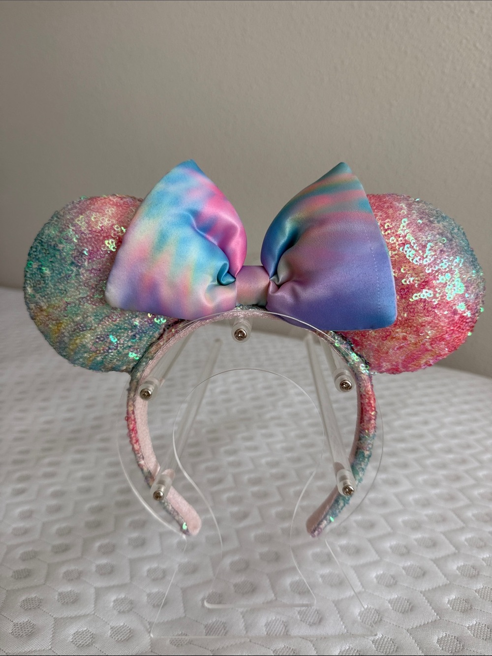 Disney Pastel Rainbow Sequin Minnie Ears Headband with Satin Bow